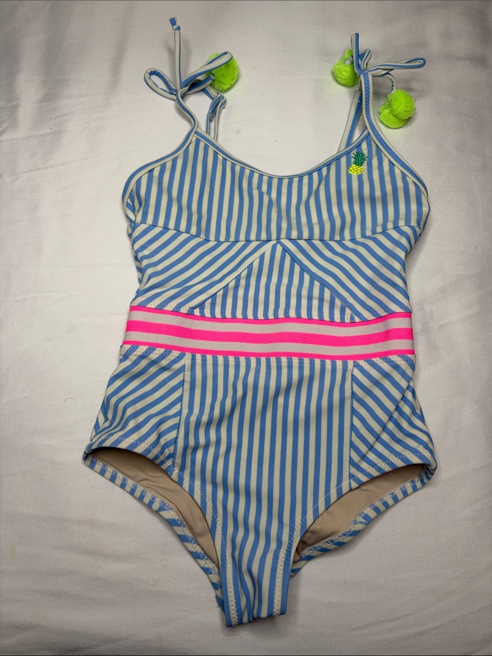 Girls Blue & White Stripe One-Piece Swimsuit with Pink Waistband